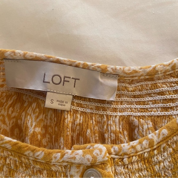 LOFT Mustard and White Patterned Blouse. Button up.  Smoking at neck and sleeves - Picture 3 of 4